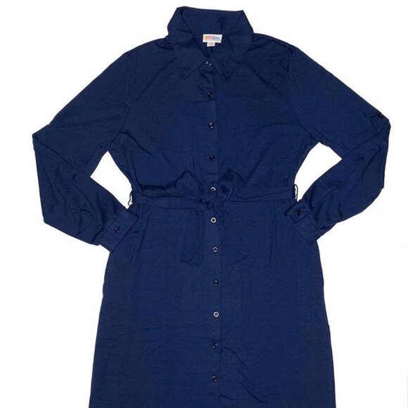 NEW w/ Tags Lularoe Ellie Shirt Dress Blue Solid Navy Full Button NWT - Picture 1 of 6